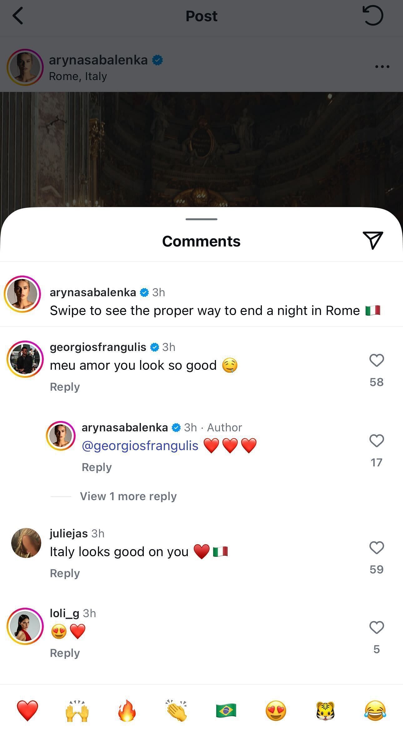 Aryna Sabalenka's boyfriend gushes over the Belarusian's looks during a night out in Rome (Source: Instagram/@arynasabalenka)